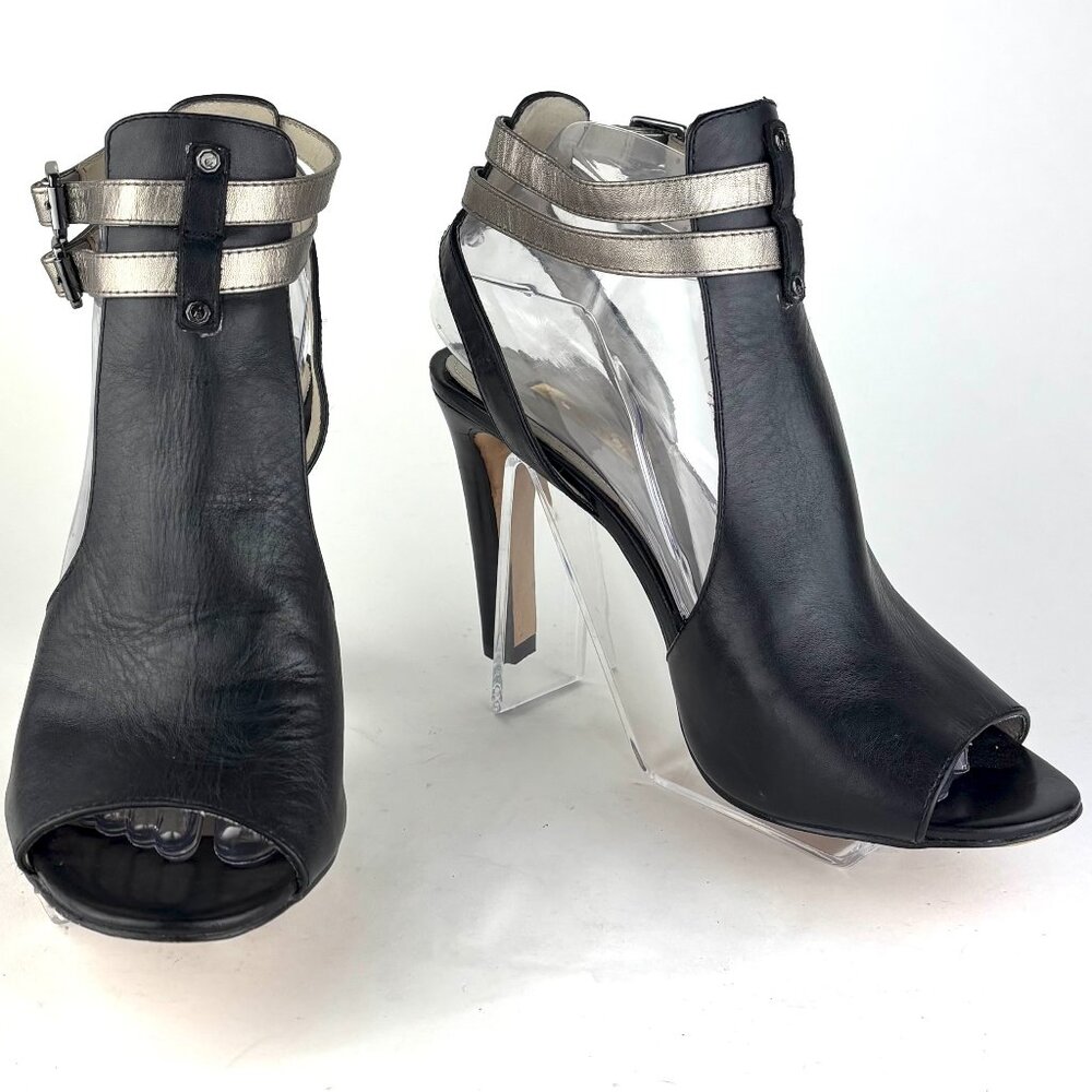 Louise et Cie Black & Silver Peep Toe Heeled Sandals, Size 8.5/38.5